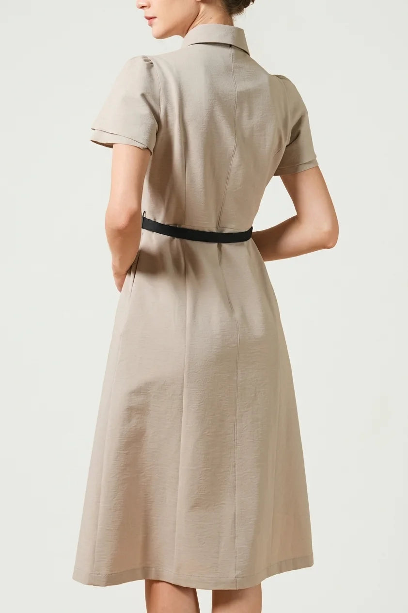 Beige x Black Bowtie Shirt Dress