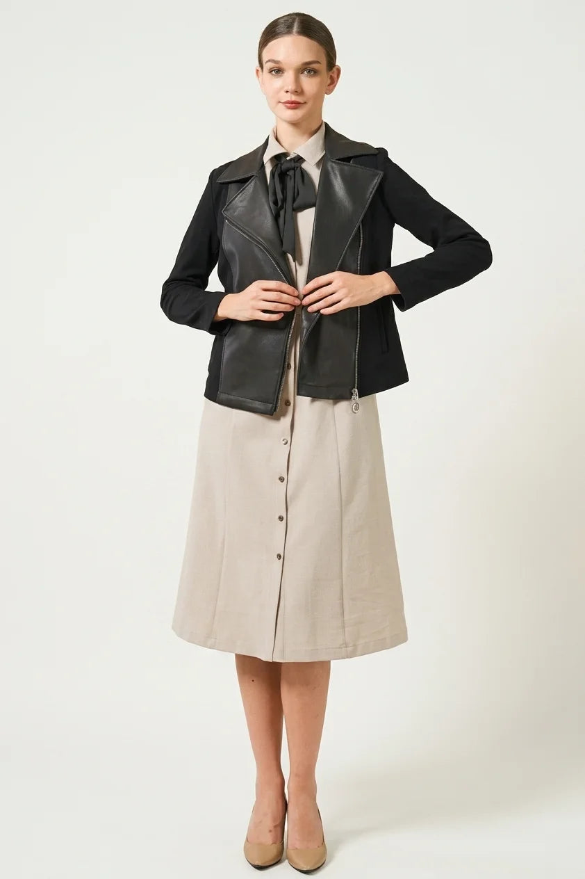 Beige x Black Bowtie Shirt Dress