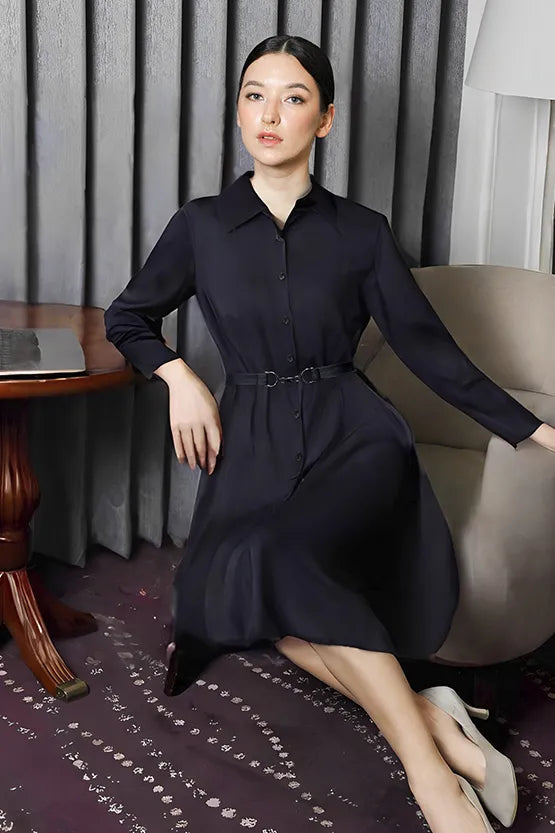 Smart Stretch Light: Dark Navy Shirt Dress With Bowtie