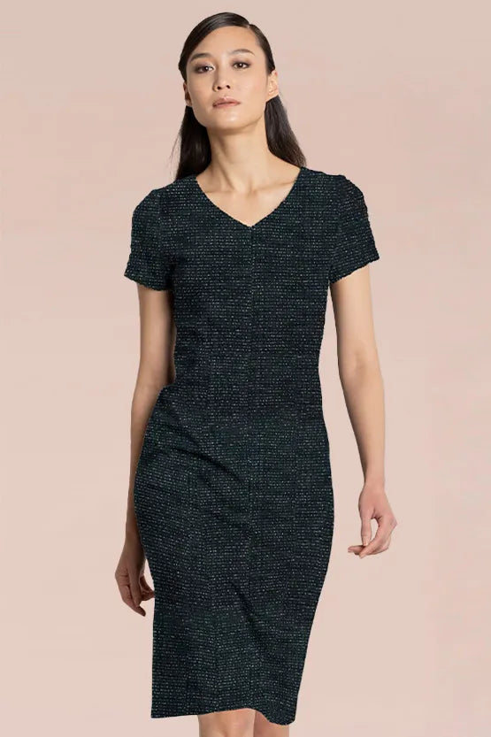 Stretch Lame Tweed: V-Neck I-Line Dress