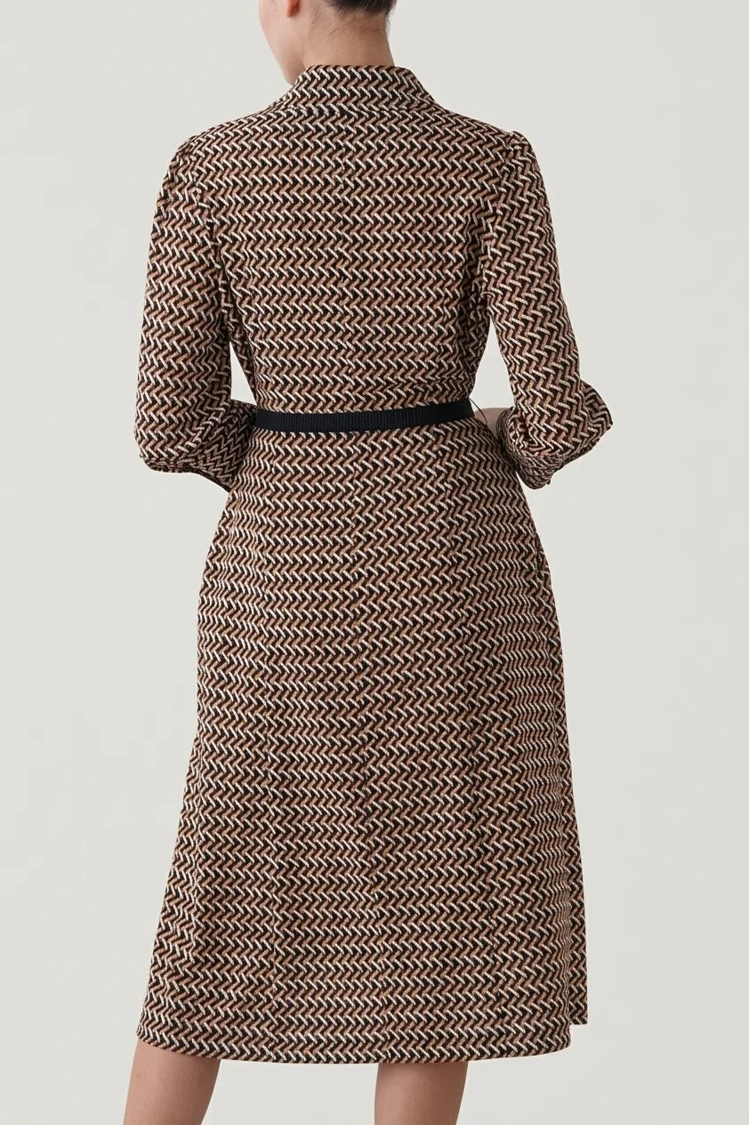 Chiffon Georgette: Monogram Brown Shirt Dress With Bowtie