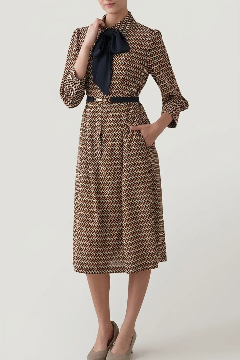 Chiffon Georgette: Monogram Brown Shirt Dress With Bowtie