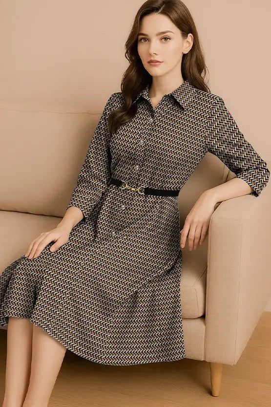 Chiffon Georgette: Monogram Brown Shirt Dress With Bowtie