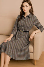 Chiffon Georgette: Monogram Brown Shirt Dress With Bowtie
