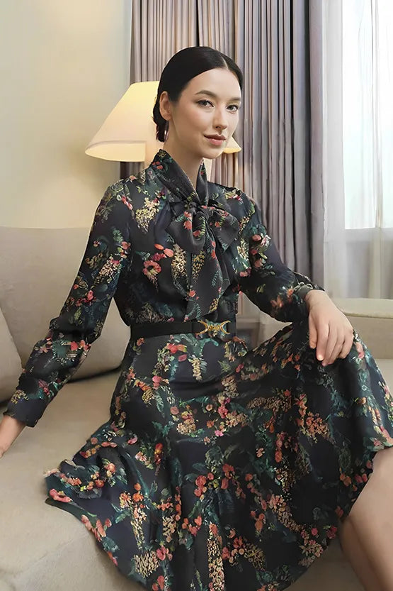 Stretch Chiffon: Black Garden Mermaid Dress With Tie