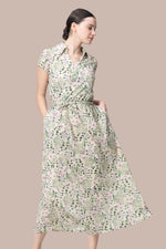 Long stretch chiffon collared cache-coeur dress in navy.