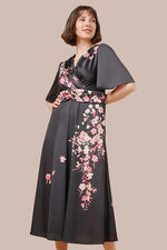 Stretch Georgette SAKURA Flare Dress with Bell Sleeves in a soft pink hue.
