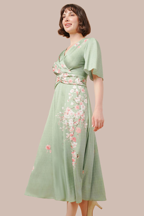 Stretch Georgette SAKURA Flare Dress with Bell Sleeves