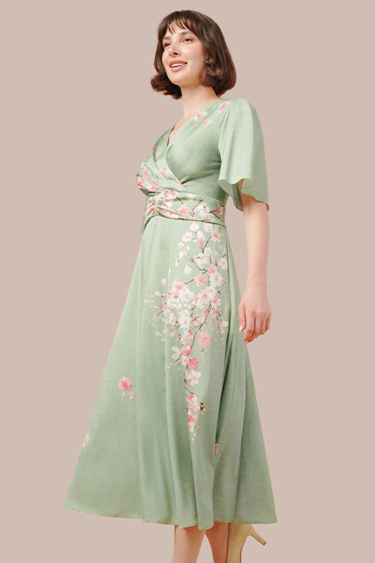 Stretch Georgette SAKURA Flare Dress with Bell Sleeves