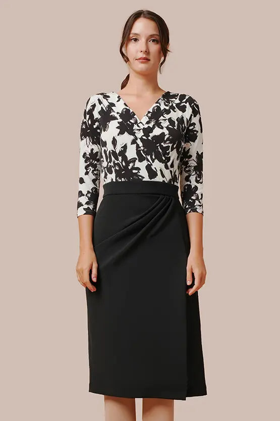 Stretch Jersey x Smart Stretch: Stretch Jersey × Smart Stretch - Shadow Flower × Black Asymmetrical Dress