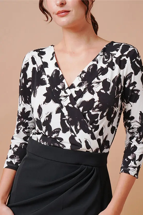 Stretch Jersey x Smart Stretch: Stretch Jersey × Smart Stretch - Shadow Flower × Black Asymmetrical Dress