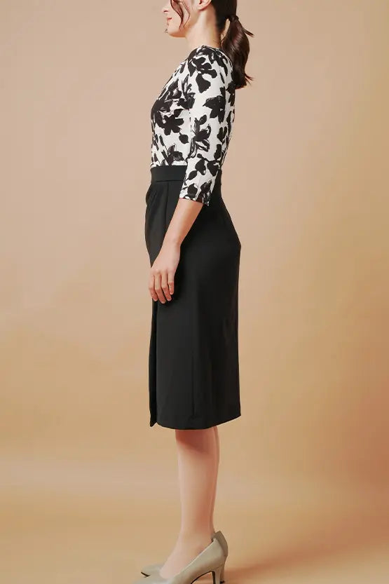 Stretch Jersey x Smart Stretch: Stretch Jersey × Smart Stretch - Shadow Flower × Black Asymmetrical Dress