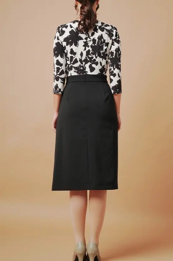 Stretch Jersey x Smart Stretch: Stretch Jersey × Smart Stretch - Shadow Flower × Black Asymmetrical Dress