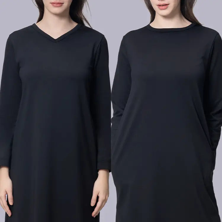 Versatile luxury dress that transforms from V-neck to crew neck with effortless elegance