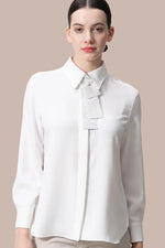 Authentic Oshima Tsumugi stretch georgette shirt with bow tie, featuring a dark, textured fabric.