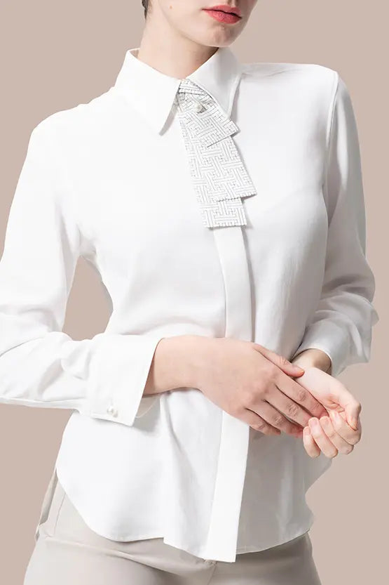 Authentic Oshima Tsumugi: Stretch Georgette Shirt with Bow Tie