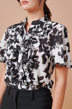 Stretch Chiffon: Stretch Chiffon Shadow Flower Frill Blouse