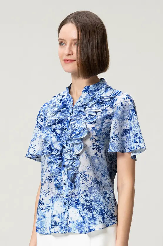 Stretch Chiffon: Frill Short-Sleeve Blouse