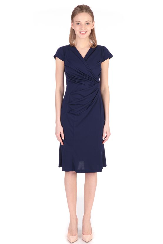 Navy Waist Gathered Dress - Sold Out: A model wears the sold-out navy dress with a gathered waist and V-neck.