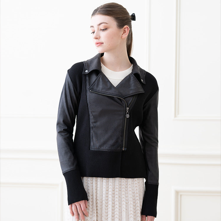 A unique combination of 4-way vegan leather and ribbed knit