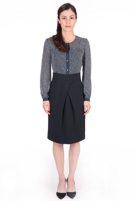 Navy Dot Chiffon Striped Shirt Dress, sold out. Features a lightweight, sheer fabric with navy dots and vertical stripes.