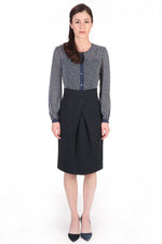 Navy Dot Chiffon Striped Shirt Dress, sold out. Features a lightweight, sheer fabric with navy dots and vertical stripes.