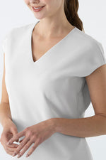 All-Season Material: Smart Stretch White Bizsack Dress