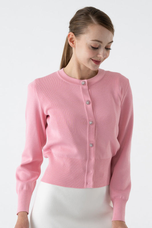 Flower Metal Button Kanazawa Waist Shape Cardigan