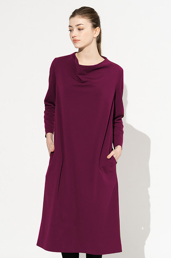 Effortless Ponte Cowl Neck Dress in black, showcasing the elegant cowl neckline and comfortable ponte fabric.