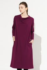Effortless Ponte Cowl Neck Dress in black, showcasing the elegant cowl neckline and comfortable ponte fabric.