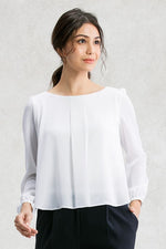 Stretch Chiffon: White Stretch Chiffon Round Neck Top