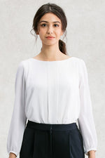 Stretch Chiffon: White Stretch Chiffon Round Neck Top