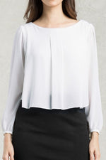Stretch Chiffon: White Stretch Chiffon Round Neck Top