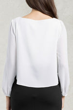 Stretch Chiffon: White Stretch Chiffon Round Neck Top