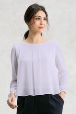 Stretch Chiffon: White Stretch Chiffon Round Neck Top
