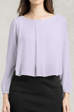 Stretch Chiffon: White Stretch Chiffon Round Neck Top