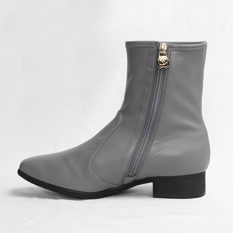 Fluffy Grey Vegan Leather Flat Boots