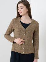 A cozy camel cardigan for women, perfect for layering.