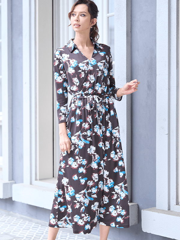 Long Length: Chocolate Lei Flower Collared Cache-Coeur Long in a rich chocolate brown with a floral print.