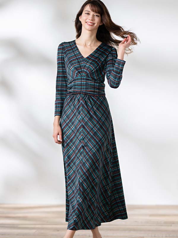 Long Length: Green Tartan Check Long A-Line Dress