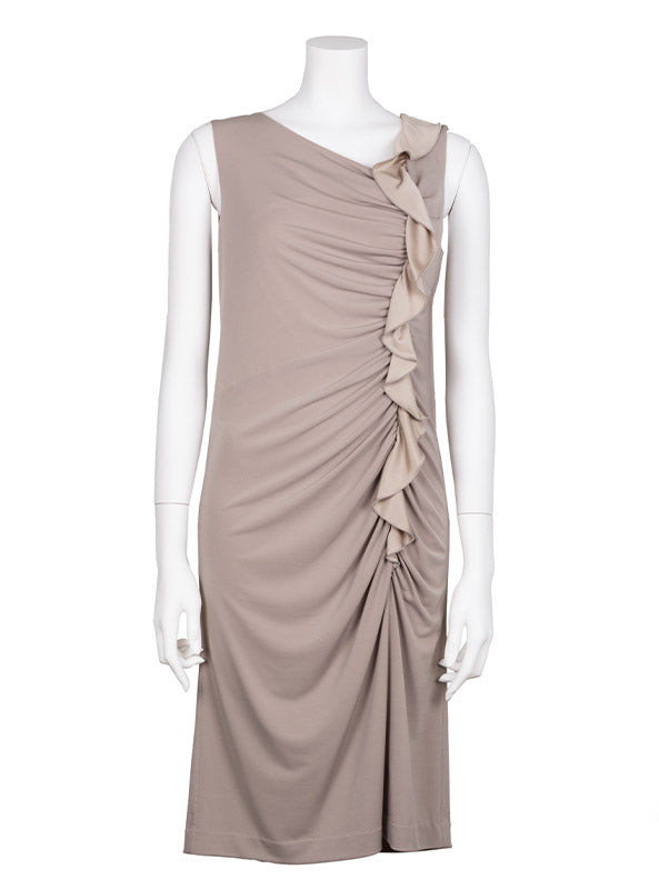 Beige Sleeveless Gathered Dress