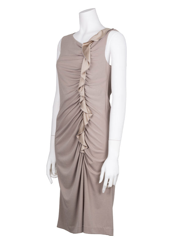 Beige Sleeveless Gathered Dress