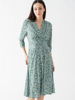 Silk-Like Green Petite Flower Cache-Coeur Dress with V-neck and tie waist.