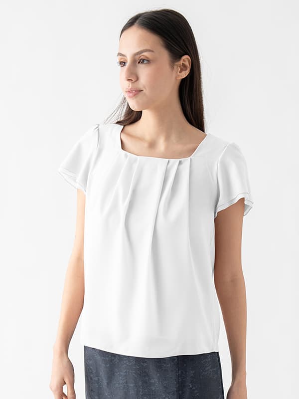 Stretch Chiffon: White Square Neck Chiffon Top