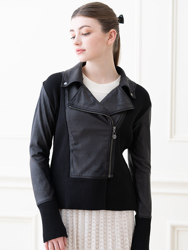 Black Knit Docking Riders Jacket with ribbed cuffs and collar.