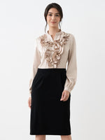 Champagne gold and black satin frill dress, a Stretch Satin x Smart Stretch design.