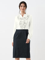 Stretch Satin x Smart Stretch: White X Dark Navy Satin Frill Dress