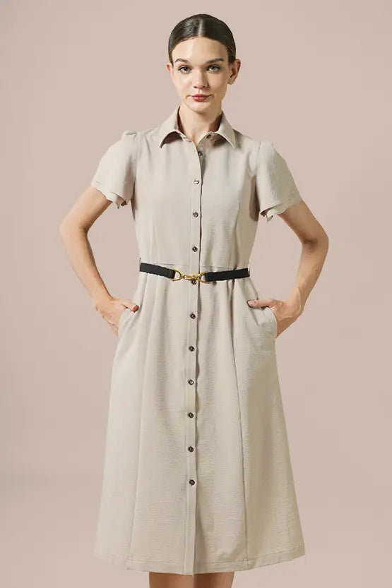 Beige x Black Bowtie Shirt Dress