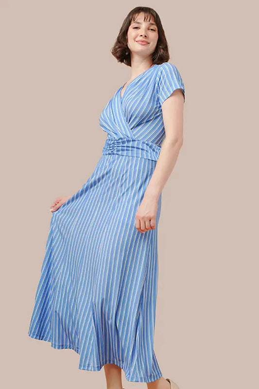 Stretch Jersey Stripe Long Marilyn Dress in a navy and white stripe pattern.
