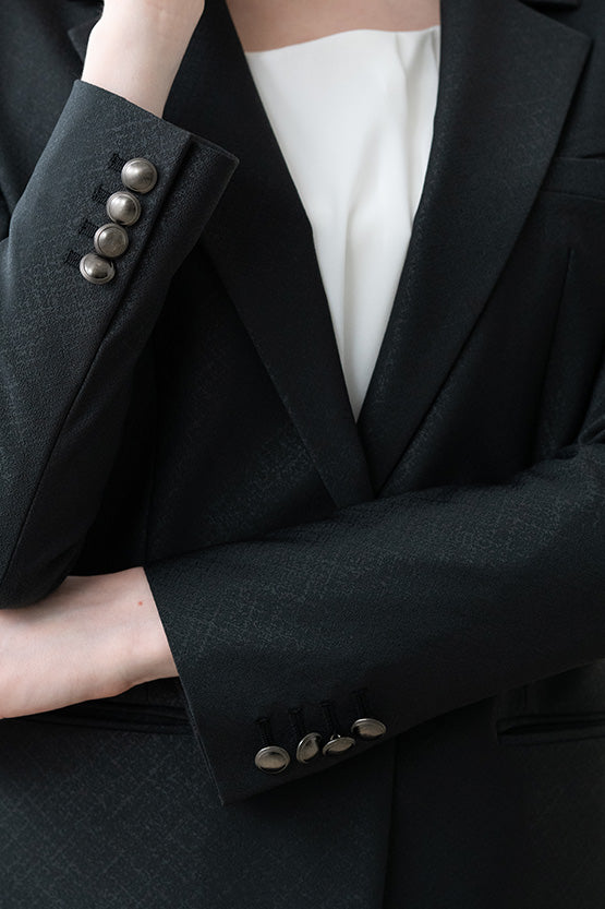 Stretch Jacquard: Black Geo Jacquard Stretch Blazer Jacket